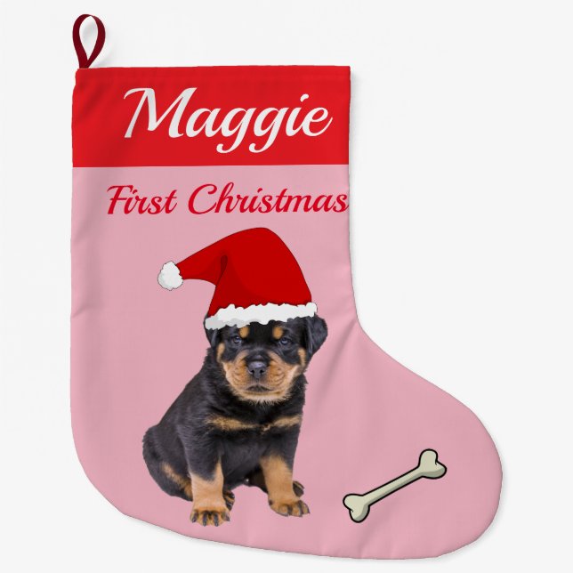 Calcetín Navideño Grande Navidad del perrito de Rottweiler primer (Anverso)