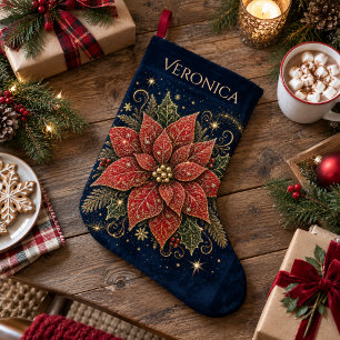 Calcetín Navideño Grande Navidad en las Estrellas   Flor de Nochebuena
