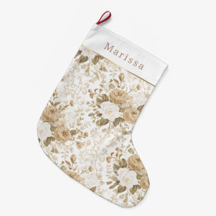 Calcetín Navideño Grande Navidad Floral Blanco Crema