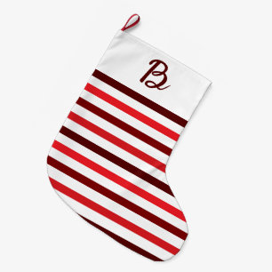 Calcetín Navideño Grande Navidad Monograma Rayas Rojo Claro Oscuro