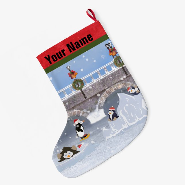 Calcetín Navideño Grande Navidad, pingüinos juguetones en el lago congelado (Anverso (colgado))