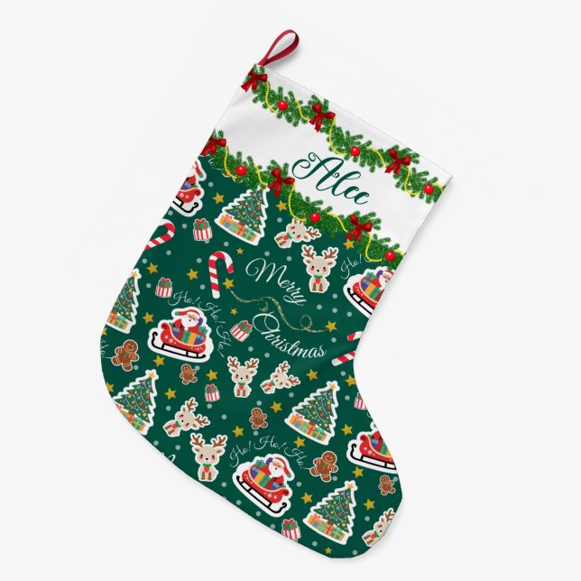 Calcetín Navideño Grande Navidad Verde de Papá Noel personalizada (Frente (Colgado))