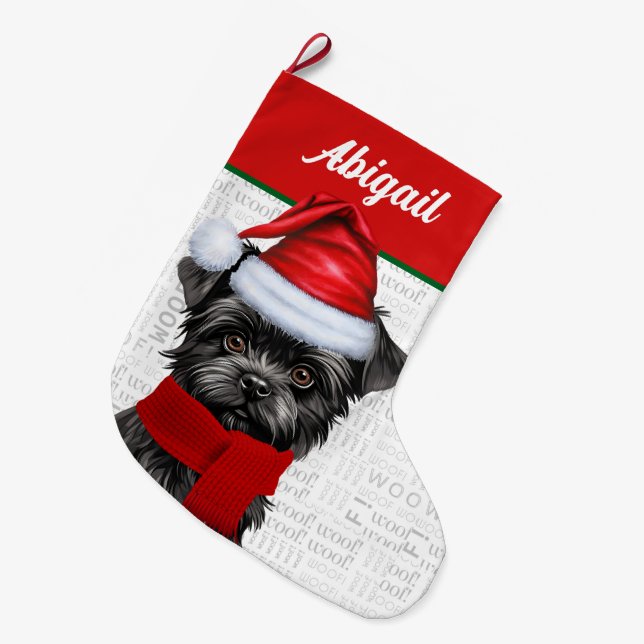 Calcetín Navideño Grande Navidades Affenpinscher Dog Name Woof Background (Frente (Colgado))