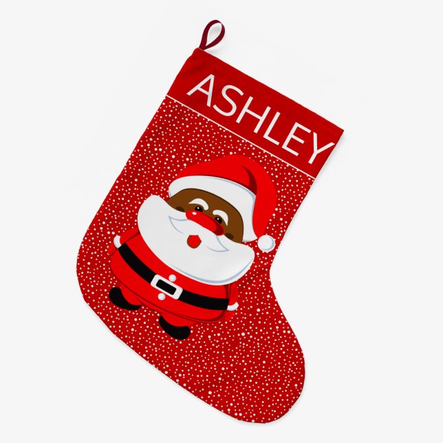 Calcetín Navideño Grande Navidades afroamericanos de Santa Claus rojos (Frente (Colgado))