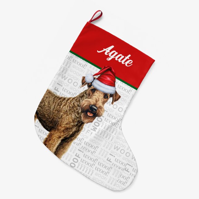 Calcetín Navideño Grande Navidades Airedale Terrier Name Woof Background (Frente (Colgado))