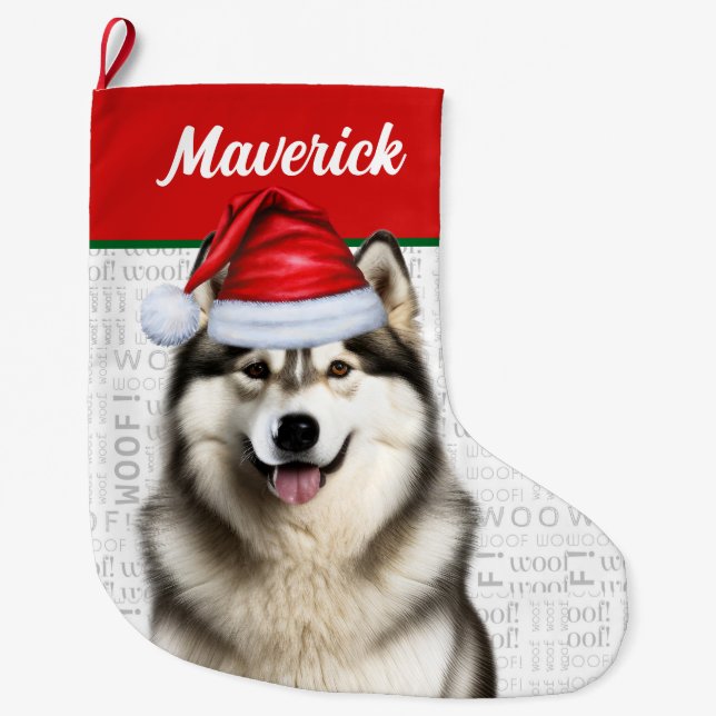 Calcetín Navideño Grande Navidades Alaskan Malamute Nombre Woof Antecedente (Anverso)