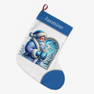 Calcetín Navideño Grande Navidades azules festivos Santa Añadir nombre