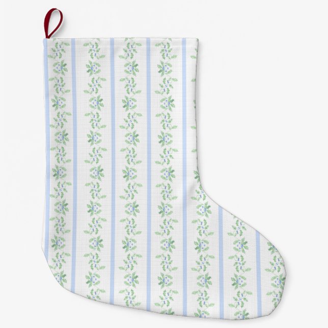 Calcetín Navideño Grande Navidades azules y verdes Holly Stripe (Anverso)