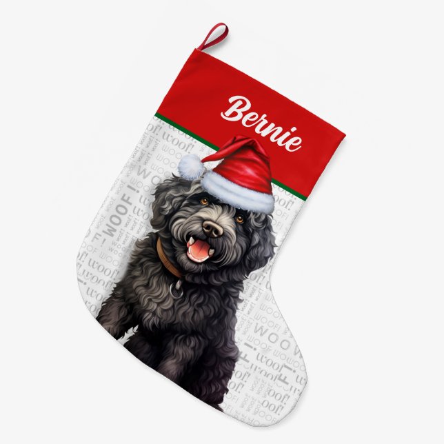 Calcetín Navideño Grande Navidades Barbet Dog Name Woof (Frente (Colgado))