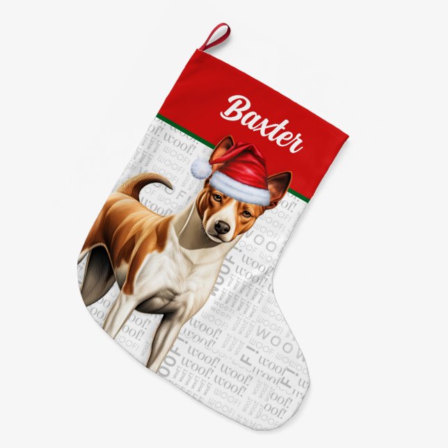 Calcetín Navideño Grande Navidades Basenji Dog Name Woof (Frente (Colgado))