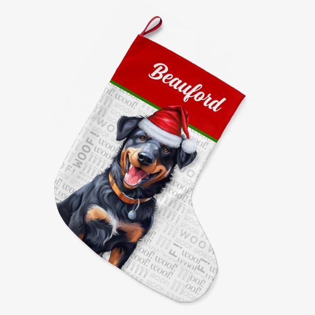 Calcetín Navideño Grande Navidades Beauceron con nombre de perro (Frente (Colgado))