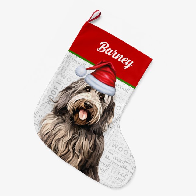 Calcetín Navideño Grande Navidades Bergamasco con nombre de perro (Frente (Colgado))