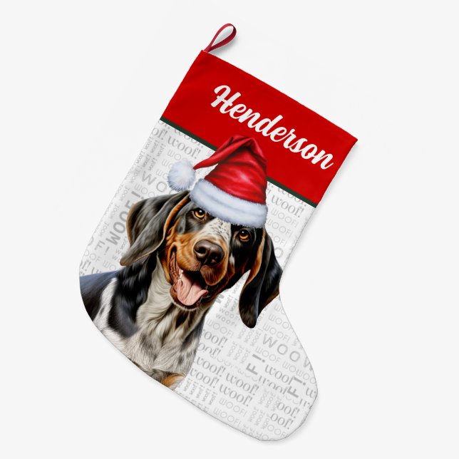 Calcetín Navideño Grande Navidades Bluetick Nombre del enlace Woof Fondo (Frente (Colgado))