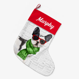 Calcetín Navideño Grande Navidades Boston Terrier con nombre de perro