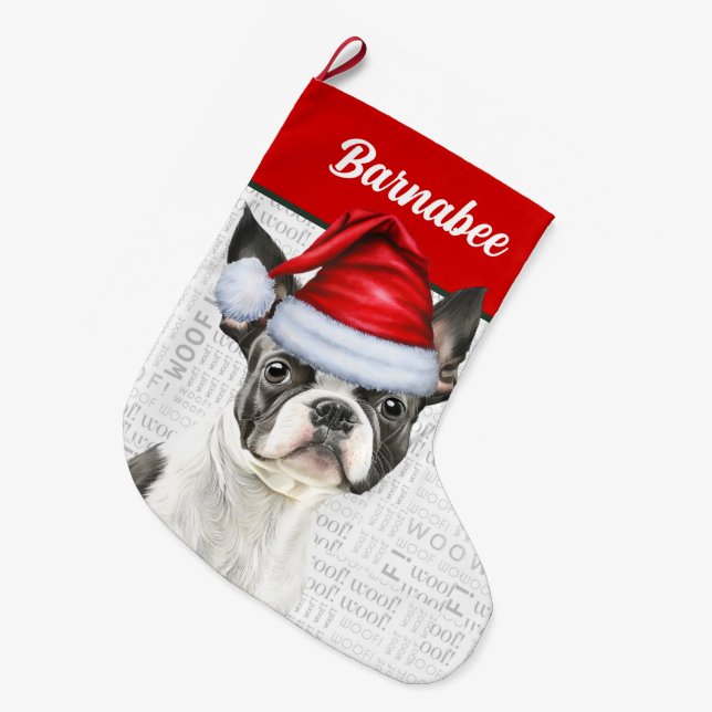 Calcetín Navideño Grande Navidades Boston Terrier Name Woof Background (Frente (Colgado))