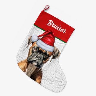 Calcetín Navideño Grande Navidades Boxer Dog con el nombre Woof Background