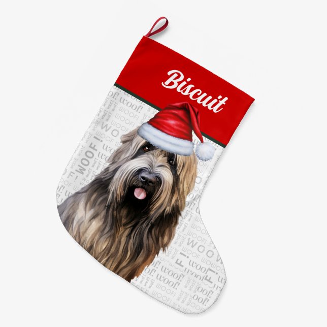 Calcetín Navideño Grande Navidades Briard Dog con el nombre Woof Background (Frente (Colgado))