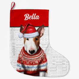 Calcetín Navideño Grande Navidades Bull Terrier con nombre Woof Background