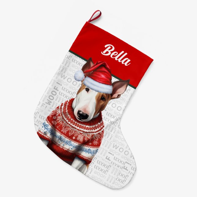 Calcetín Navideño Grande Navidades Bull Terrier con nombre Woof Background (Frente (Colgado))