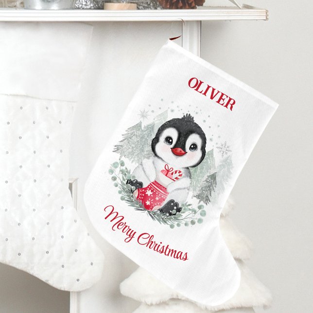 Calcetín Navideño Grande Navidades burdos levantan nombre de niños pingüino (Cute Christmas Stocking Penguin Kids Name)