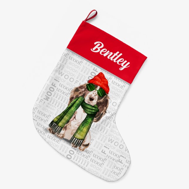 Calcetín Navideño Grande Navidades Cocker Spaniel con nombre de perro (Frente (Colgado))