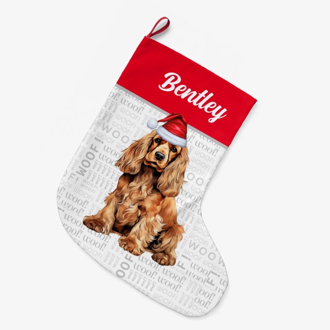 Calcetín Navideño Grande Navidades Cocker Spaniel con nombre de perro (Frente (Colgado))