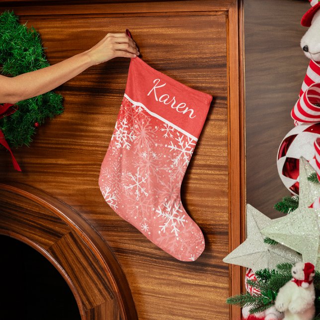 Calcetín Navideño Grande Navidades con nombres de copos de nieve rojos y bl (Red and white snowflakes name Christmas Large Christmas Stocking)