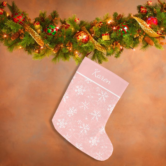Calcetín Navideño Grande Navidades con nombres de copos de nieve rosas y bl (Pink and white snowflakes name Christmas Large Christmas Stocking)