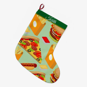 Calcetín Navideño Grande Navidades con temas de comida rápida Pizza Burger