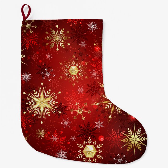 Calcetín Navideño Grande Navidades Copos de nieve dorados con fondo rojo (Anverso)