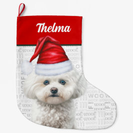 Calcetín Navideño Grande Navidades Coton de Tulear Name Woof Background