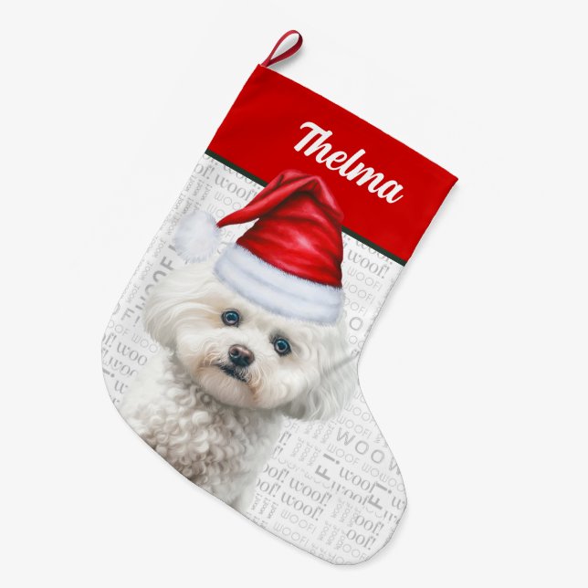 Calcetín Navideño Grande Navidades Coton de Tulear Name Woof Background (Frente (Colgado))