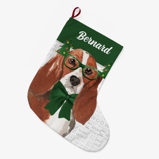 Calcetín Navideño Grande Navidades de Basset con nombre de perro (Frente (Colgado))
