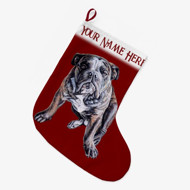 Calcetín Navideño Grande Navidades de bulldog levantan regalos personalizad (Frente (Colgado))
