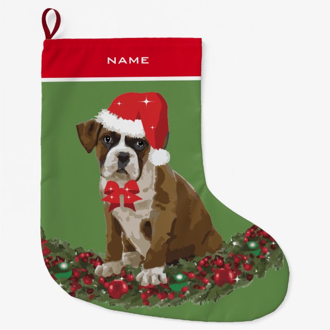 Calcetín Navideño Grande Navidades de Dog Xmas Cute Boxer Santa hat (Anverso)