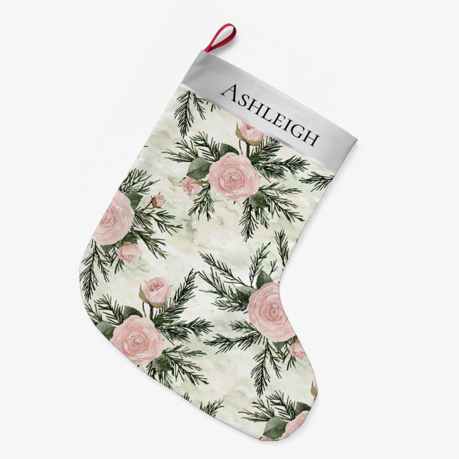 Calcetín Navideño Grande Navidades de flores blancas rosadas plateadas (Frente (Colgado))