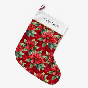Calcetín Navideño Grande Navidades de flores de Poinsettia Roja Purpurina d