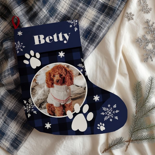 Calcetín Navideño Grande Navidades de fotografía graciosos y lindos perros  (Funny cute navy blue plaid dog pet photo Christmas Large Christmas Stocking)