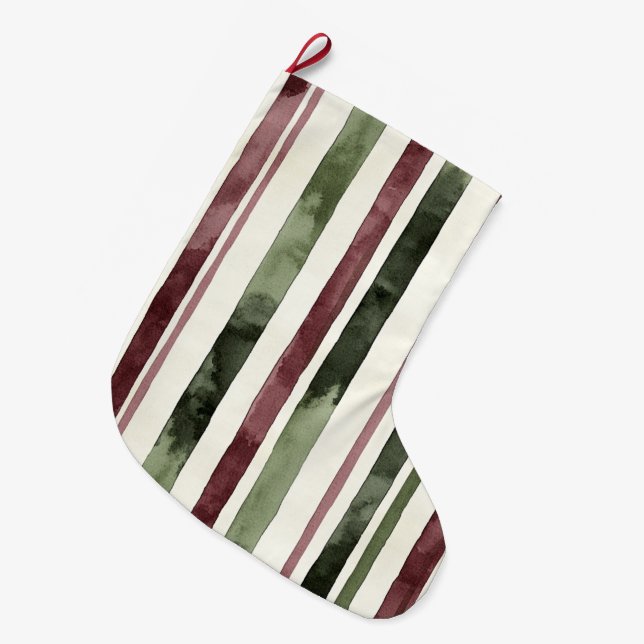 Calcetín Navideño Grande Navidades de Green Burgundy Stripes (Frente (Colgado))