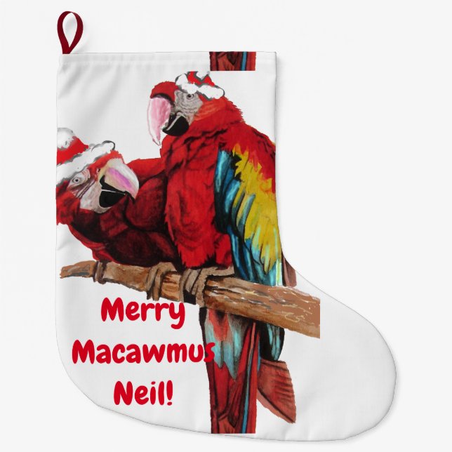 Calcetín Navideño Grande Navidades de loro de Santa Macaws en cola (Anverso)