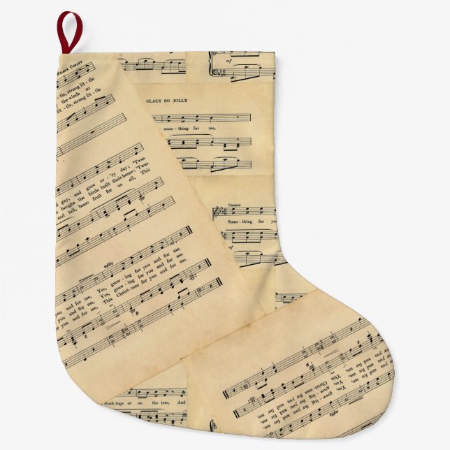 Calcetín Navideño Grande Navidades de música de la hoja navideña de cosecha (Anverso)