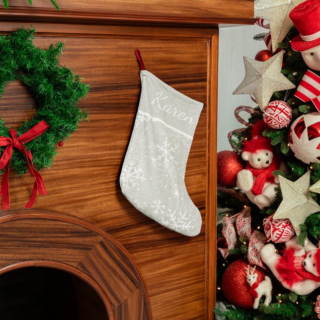 Calcetín Navideño Grande Navidades de nombres de copos de nieve de plata y  (Silver and white snowflakes name Christmas Large Christmas Stocking)