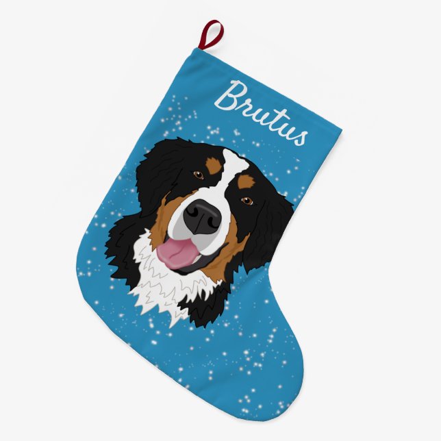 Calcetín Navideño Grande Navidades de Perro de Montaña de Bernese (Frente (Colgado))