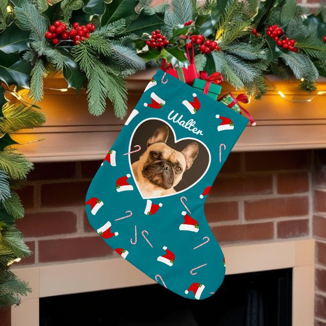 Calcetín Navideño Grande Navidades de perros del patrón de foto de mascota  (This christmas stocking is begging to be filled with all the good stuff. No coal allowed!)
