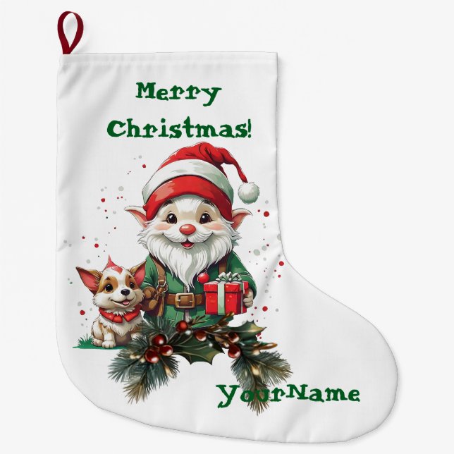 Calcetín Navideño Grande Navidades de personalizable Elf y Doggo Stocking (Anverso)