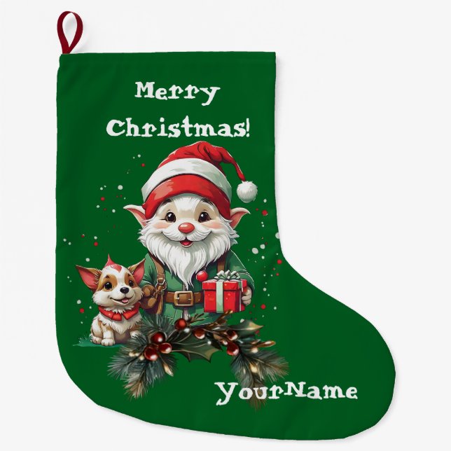 Calcetín Navideño Grande Navidades de personalizable Elf y Doggo Stocking (Anverso)