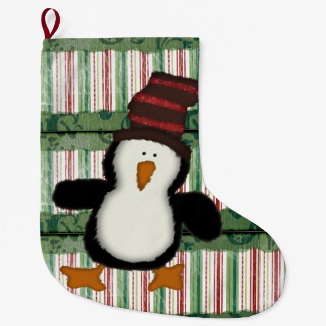 Calcetín Navideño Grande Navidades de pie, con rayas verdes de pingüino (Anverso)