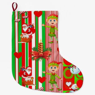 Calcetín Navideño Grande Navidades de pie, Elf Stripe Santa Claus