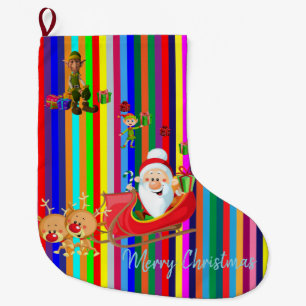 Calcetín Navideño Grande Navidades de pie, franja de renos de Santa Claus E
