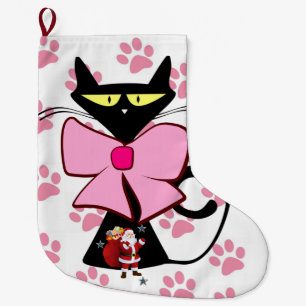 Calcetín Navideño Grande Navidades de pie, hojas de gato negras rosadas de 